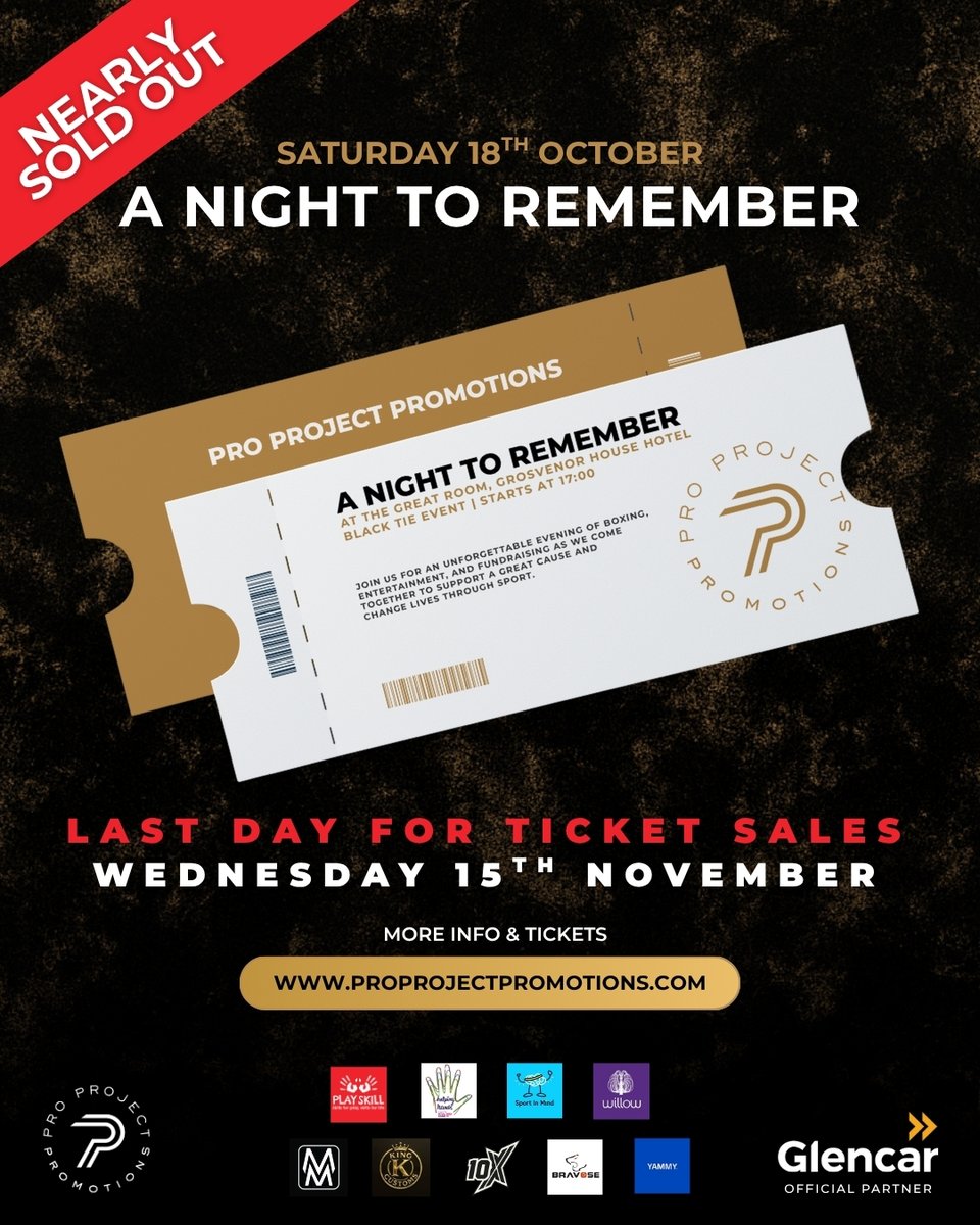 proprojectpro's tweet image. Tickets are almost gone for A Night to Remember 🥊

Join us on Saturday 18th October at the iconic Grosvenor House Hotel for an incredible evening of boxing, entertainment, and fundraising, all in support of great causes.

🎟️ Last day for ticket sales: Wednesday 15th November