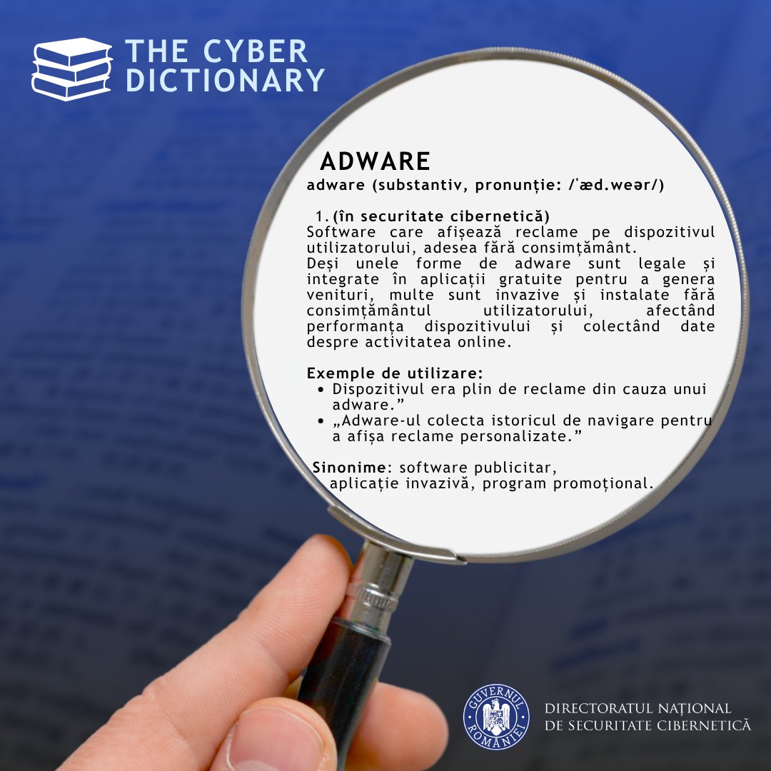 DNSC_RO's tweet photo. 🧩 Adware-ul este un tip de software care afișează reclame intruzive, colectează date despre comportamentul online și facilitează instalarea altor aplicații malițioase.
🚨 Fii atent la ce instalezi. Protejează-ți datele și dispozitivele.
#DNSC #SigurantaOnline #Adware https://t.co/FVACalw8ZD