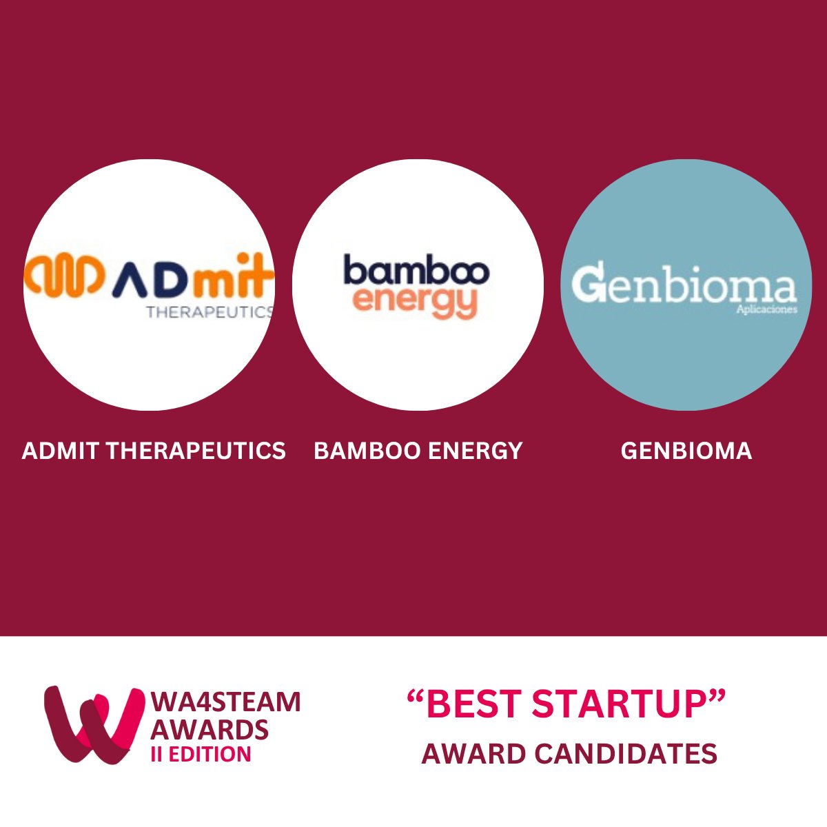 WA4STEAM's tweet image. Here are our finalists for Best Startup at the #WA4STEAMAwards! 🏆
A huge congratulations to: 
⭐ ADMIT THERAPEUTICS  
⭐ Bamboo Energy
⭐ GENBIOMA
Three innovative companies changing the game in #HealthTech &amp;amp; #EnergyTech. We&apos;ll find out the winner on October 17th!💞#WomenInSTEAM