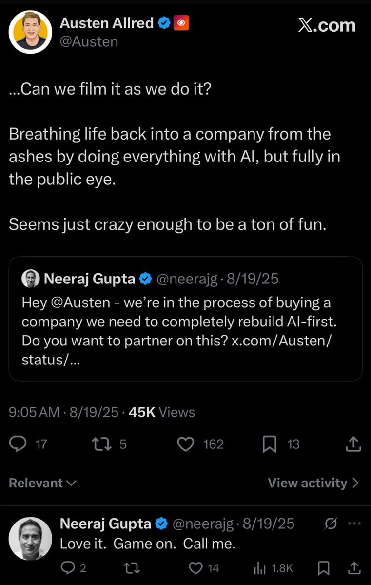 Austen's tweet image. I can’t believe this is real.
Gauntlet AI is taking over former adtech giant Marin Software out of bankruptcy.
We’re going to try to turn the company around in SIX WEEKS using AI.
With a reality TV crew filming the whole thing.
To follow along: Marin.GauntletAI.com