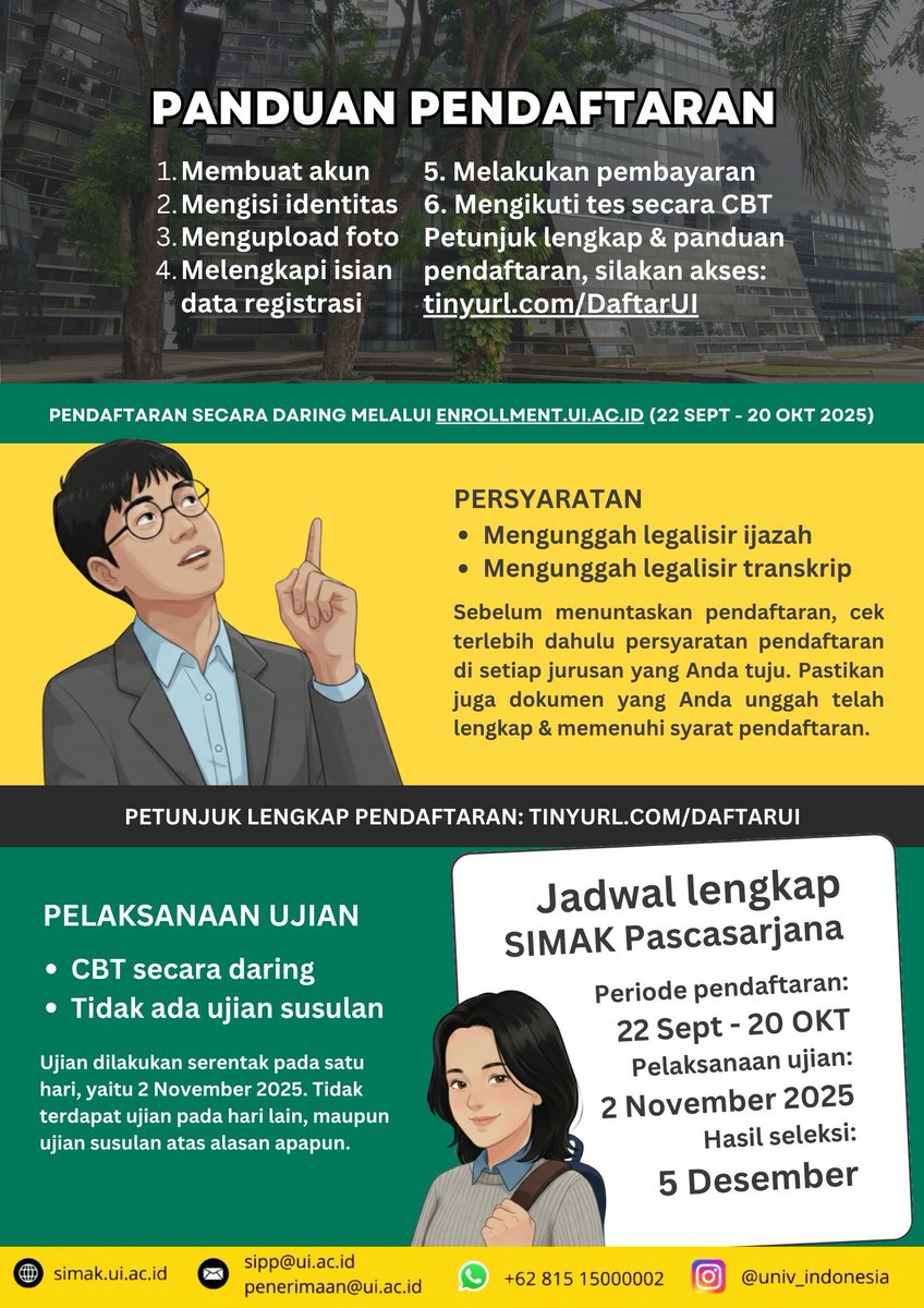 SIMAK_UI's tweet image. Pendaftaran SIMAK UI Pascasarjana (Profesi, Spesialis, S2, S3) masih berlangsung! 🎓 

Swipe lebih lanjut untuk melihat jadwal penting, dan panduan pendaftaran. Yuk langsung daftar di enrollment.ui.ac.id

Pendaftaran: 22 September-20 Oktober Ujian CBT: 2 November