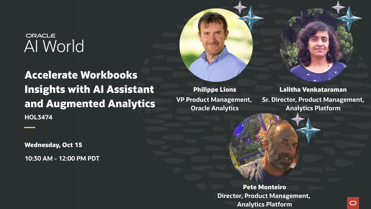 OracleAnalytics's tweet image. Join Philippe Lions, Lalitha Venkataraman, and Pete Monteiro tomorrow at Oracle #AIWorld for a hands-on session exploring how AI Assistant and Augmented Analytics in Oracle Analytics help you uncover answers faster, tell better data stories, and make every workbook smarter.
🗓️…