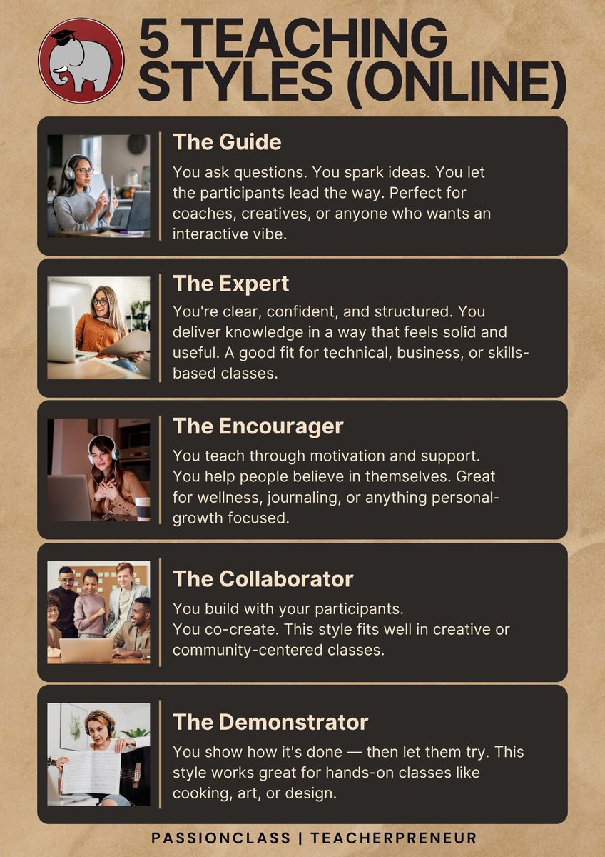 passionclassco's tweet image. Your teaching style isn’t fixed. You can blend styles or shift over time. Teach how you want to teach — but notice how you’re teaching, and then grow from there.

#StartTeachingOnline #OnlineCourseCreator #TeachFromHome #Teacherpreneur #eLearning #OnlineEducation