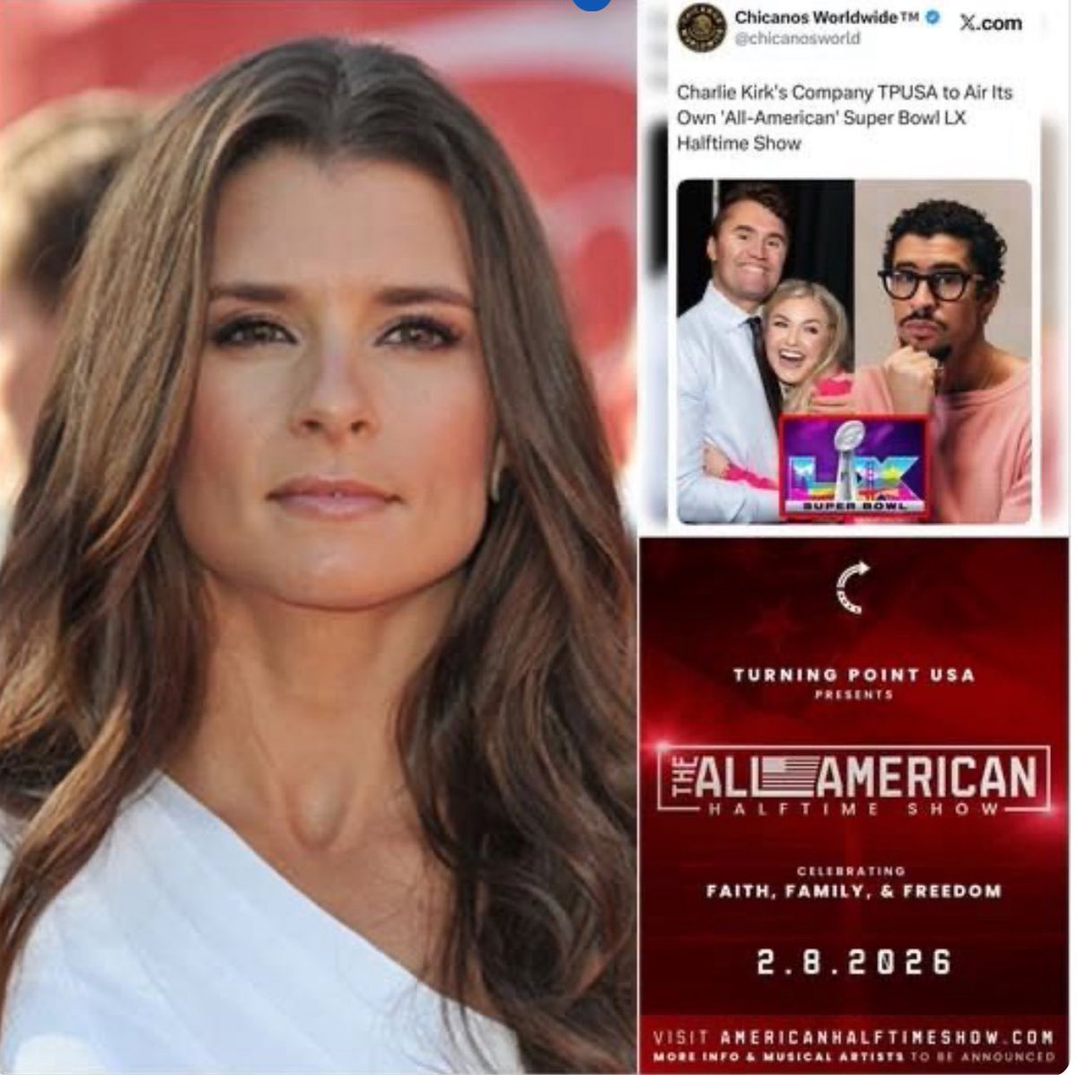 nettermike's tweet image. Former racing star Danica Patrick has donated $7 million to Turning Point USA to support the upcoming “All-American Halftime Show,” following the organization’s announcement — founded by Charlie Kirk and now run by his wife — that it will host an alternative event to counter Bad…