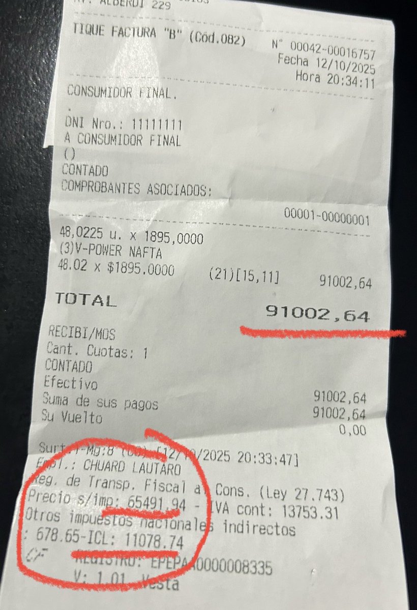 Estimado <a href="/JAleart/">Juan Pedro Aleart</a> en este ticket sobre un total de $90.002,64
Pagamos 
13753,31 de IVA + 
11078,74 de ICL+
678,65 de otros Imp Nac
= $25.510,7 de impuestos nacionales
y $3279 de IIBB  o sea de impuestos provinciales.
Dato mata relato Juan
Y siguen sin arreglar un bache!