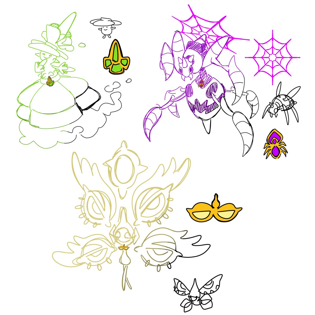 sketches for more forms for my gimmick
vileplume, ariados, masquerain

masquerain becomes light/flying 

#pokemon #PokemonLegendsZA #plza #PLZAleaks #fakemon #PokemonZA