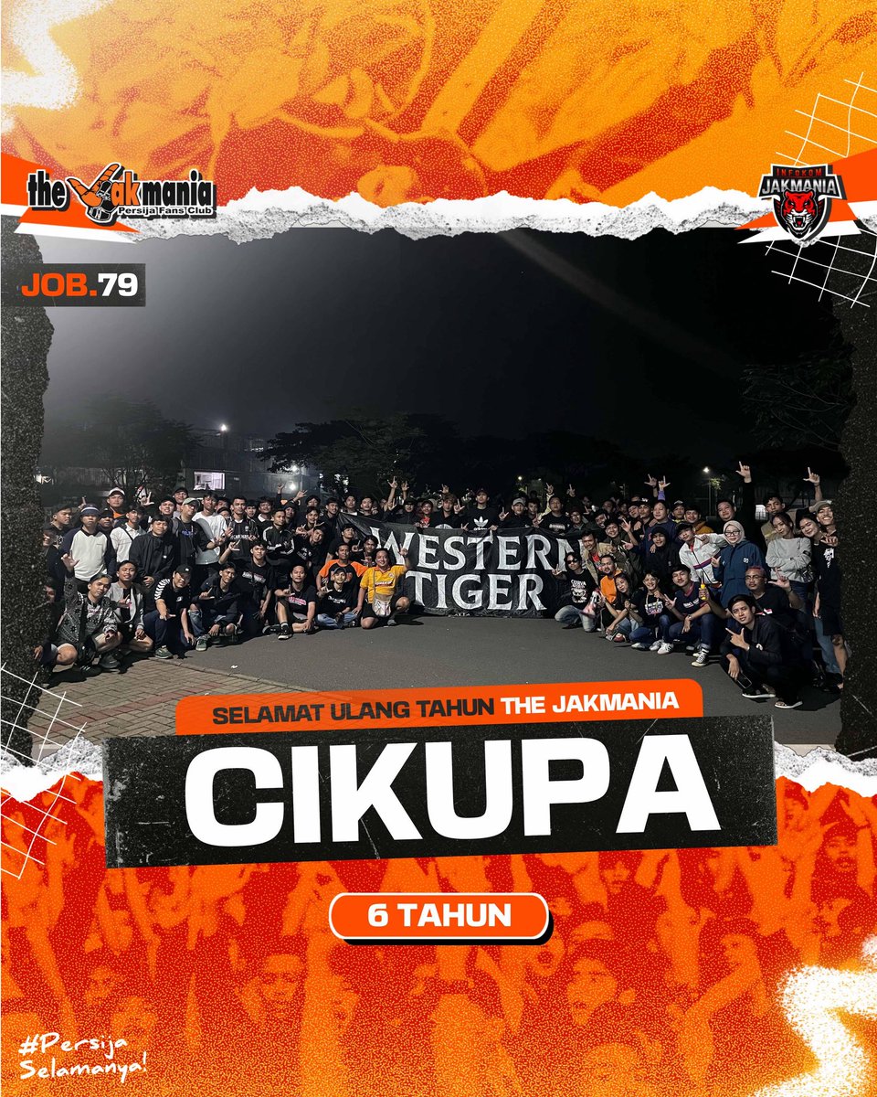 Selamat ulang tahun yang ke-6 untuk the Jakmania Cikupa (JOB.79).

Semoga semakin solid, dan semakin militan dalam mendukung tim kebanggaan kita, Persija Jakarta.

Jaya Raya selalu untuk Jakmania Cikupa👆🧡
_
#InfokomJakmania
#PersijaSelamanya