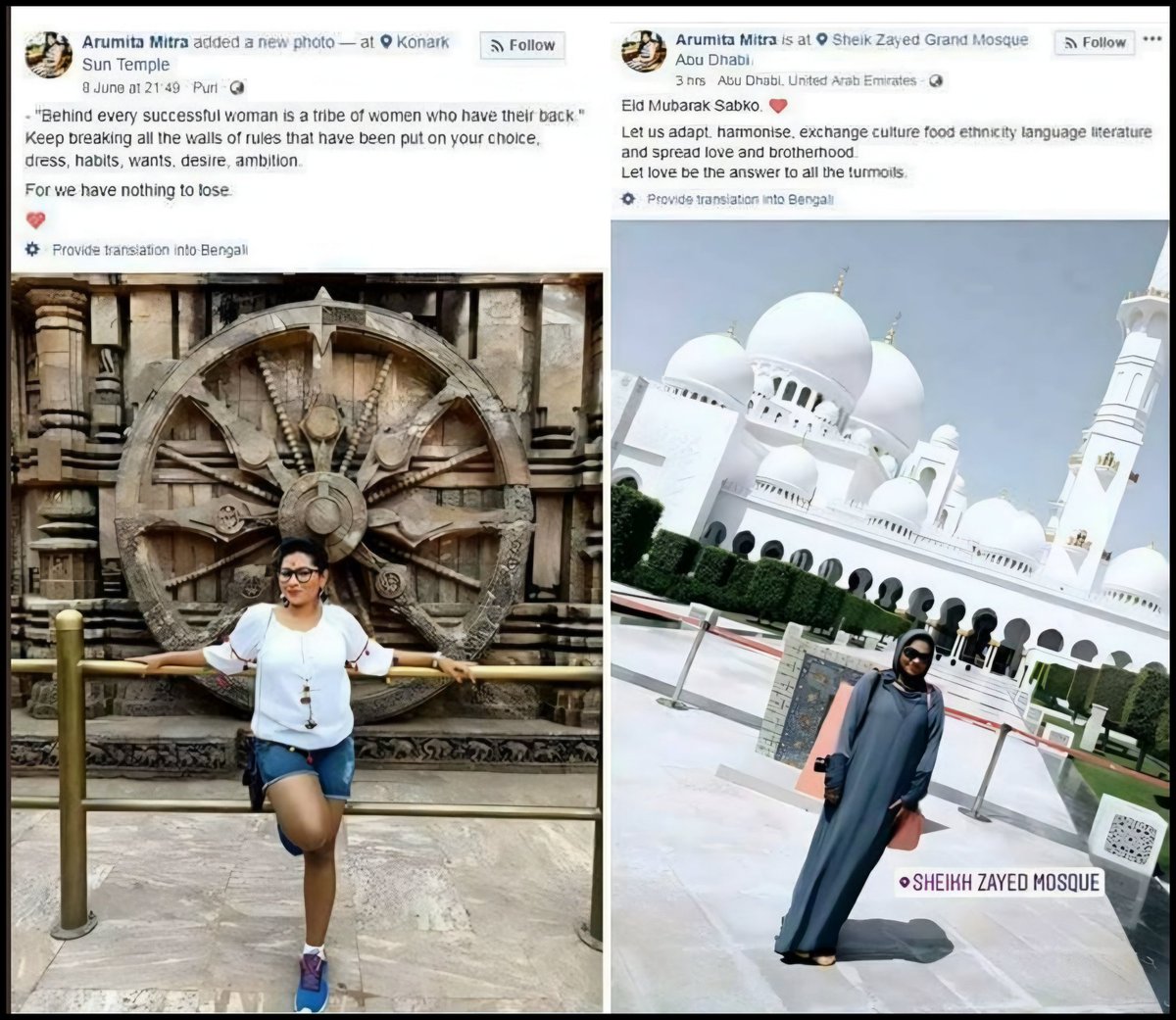 thatmarineguy21's tweet image. The irony is that she can be herself & express herself with her choices, with her clothes in a Hindu temple but she knows that she can’t do that in a mosque because she will be whipped & put in the jail.