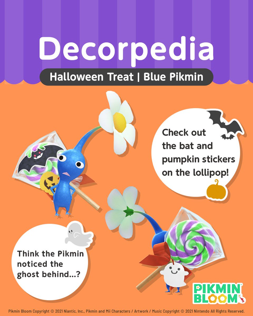 PikminBloom's tweet photo. #Decorpedia 📖✨
Halloween Treat| Blue Pikmin

This little one’s got a sweet tooth! 💙🍭 Wrapped in bats, pumpkins, and a smiling ghost on the back — the Blue Pikmin’s Halloween candy is as festive as it gets. 👻✨

What other spooky sweets can you spot in the Halloween Treat Decor category? 🎃🔍