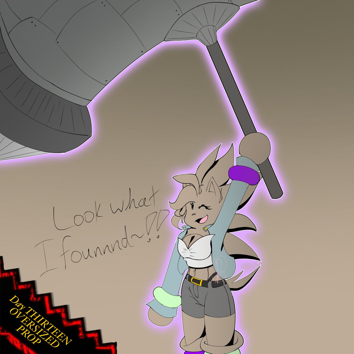 RosetteInSpace's tweet photo. OCtober Day 13: Oversized Prop

Not the first time drawing her with this prop, though now it’s actually WWMH Amy’s hammer (that’s why she says she found it). 
She has to use her magic to wield it, she’s not Amy strong

#OCtober2025 #EvangelineOC #SonicOC https://t.co/5N216uVbEk