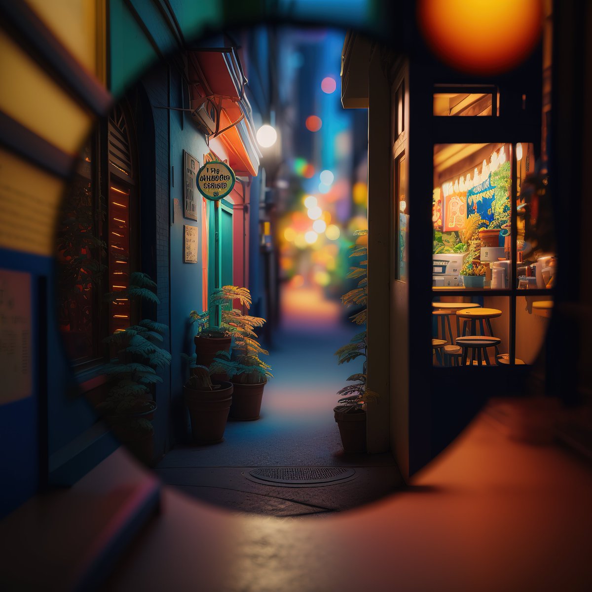 5:19 AM. Through this soft circle, deep blues and teals cloak the alley, pierced by golden warmth from a hidden cafe. It’s that intimate breath before the dawn breaks, a silent invitation to simply *be* in this quiet moment.

#SyntheticArt #GenerativeArt #PreciousMinutes