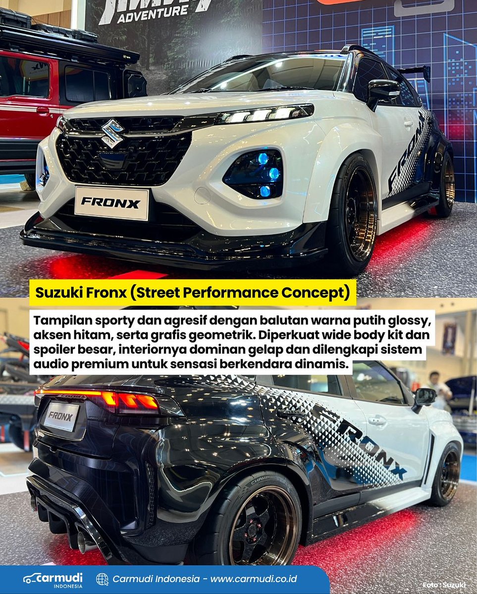 Suzuki bawa tiga mobil modifikasi di IMX 2025: Fronx sporty, Jimny 5-door tangguh, dan New Carry petualang. Ketiganya jadi bukti kalau modifikasi bisa tetap nyaman sekaligus ekspresikan karakter pemiliknya. #suzuki #carmudiindonesia