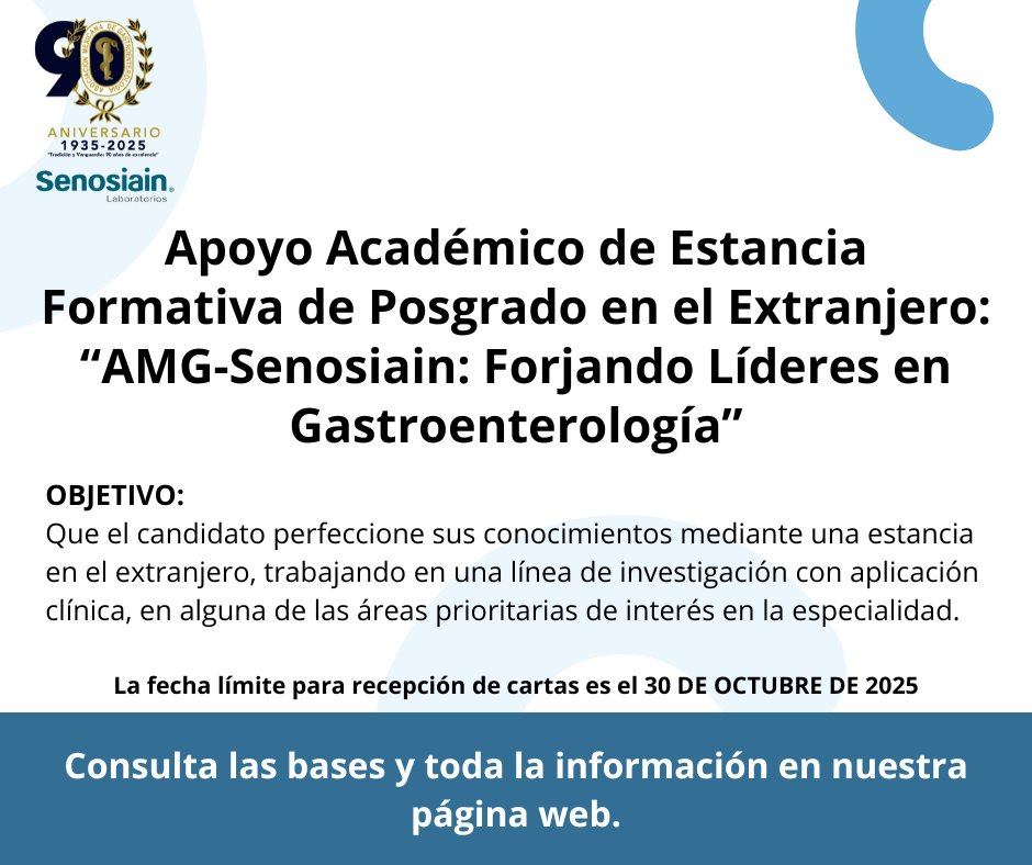 AMG Asoc.Mex.Gastro. (@gastromx) on Twitter photo La Asociación Mexicana de Gastroenterología y Laboratorios Senosiain te invitan a participar en el Apoyo Académico de Estancia Formativa de Posgrado en el Extranjero: “AMG–Senosiain: Forjando Líderes en Gastroenterología” 🌎
Esta iniciativa busca impulsar la excelencia académica La Asociación Mexicana de Gastroenterología y Laboratorios Senosiain te invitan a participar en el Apoyo Académico de Estancia Formativa de Posgrado en el Extranjero: “AMG–Senosiain: Forjando Líderes en Gastroenterología” 🌎
Esta iniciativa busca impulsar la excelencia académica