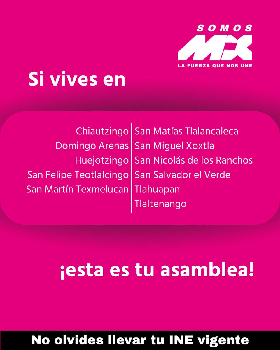 SomosImpactoPue's tweet photo. ¡Asiste a la Asamblea de Xoxtla, Puebla!

📷 Sábado 18 de octubre
📷 10:00 a.m.
📷 Salón Jardín Azul, Benito Juárez 27, San Miguel Xoxtla, Puebla.
📷 No olvides llevar tu INE vigente.
¡Tu voz cuenta para seguir construyendo el país que merecemos!
#SomosMX #AsambleasSomosMX https://t.co/0bUEqKe78R
