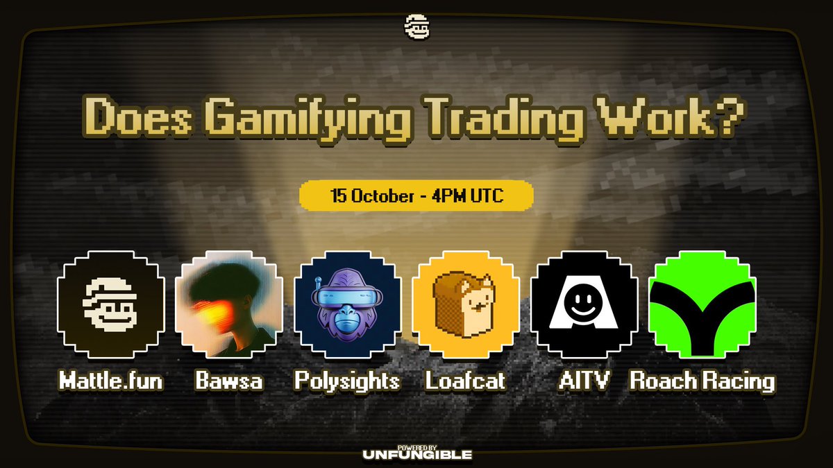 Does Gamifying Trading Work? 

Featuring special guests: 

<a href="/Polysights/">Polysights</a>
<a href="/LoafCatHQ/">LOAFCAT (CTO)</a>
<a href="/aitvgg/">【 AITV 】</a>
<a href="/RoachRacingClub/">Roach Racing Club</a>

Don't miss out on our discussion on Wednesday!

⏰ Oct 15th, 4PM UTC

Set your reminder below 👇