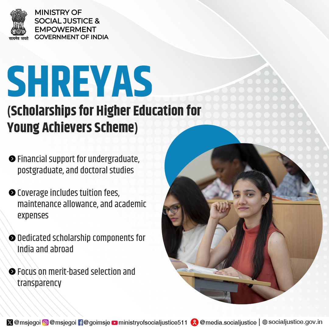 SHREYAS (Scholarships for Higher Education for Young Achievers Scheme) empowers deserving students to pursue undergraduate, postgraduate, and doctoral studies by offering comprehensive financial support.