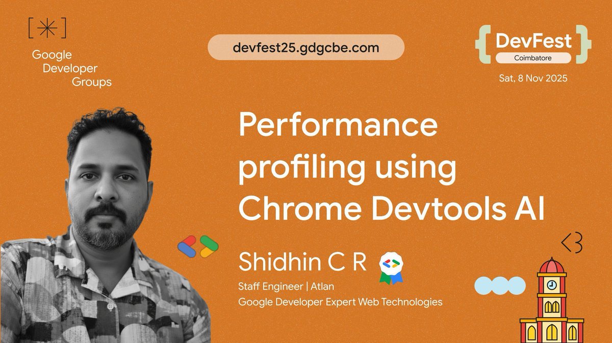 Catch Shidhin C R on “Performance profiling using Chrome Devtools AI”—learn how to optimise your web apps with expert tips.
Register: thetcket9.com/book/devfest-c…
#DevFestCoimbatore #DevFest2025 #GDGCoimbatore #HumanAICollaboration #TechConference #CoimbatoreEvents
