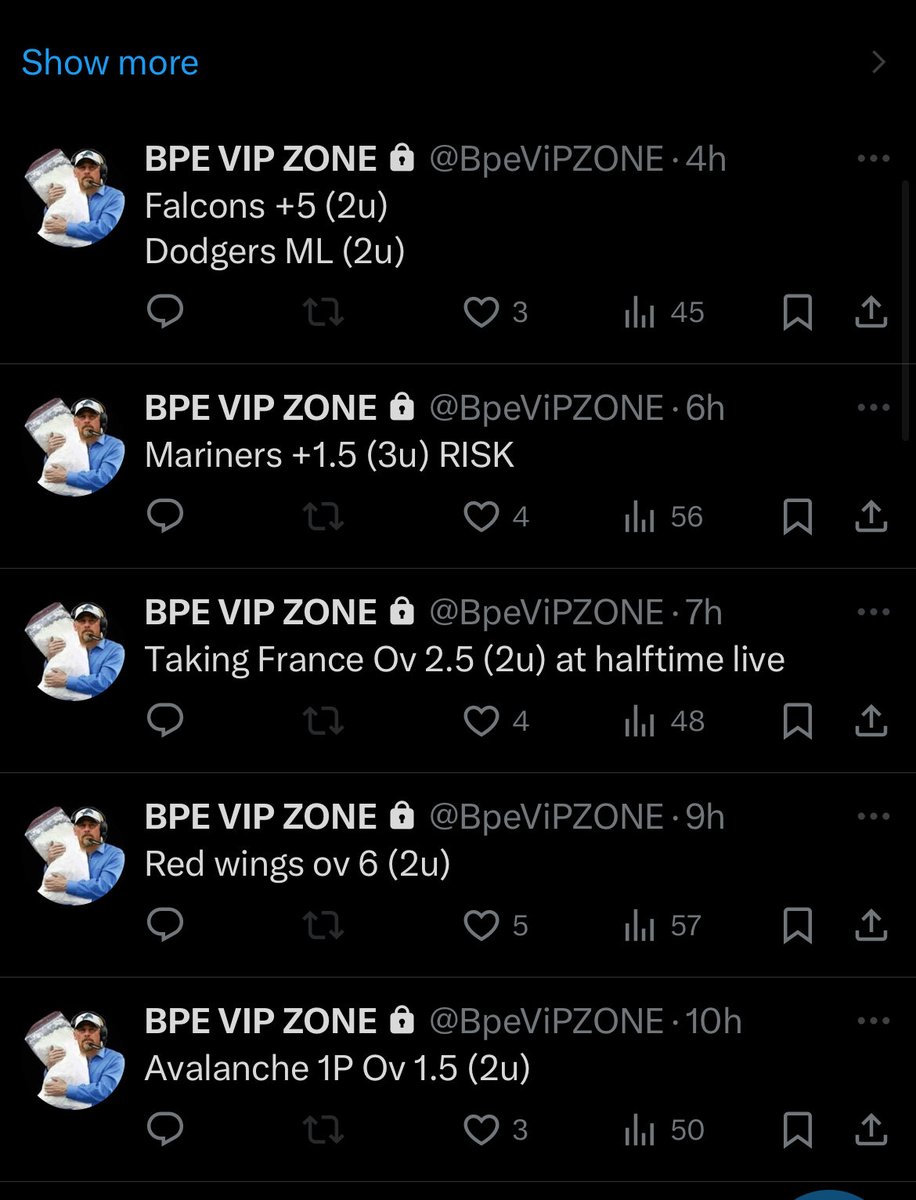 BPESPORTSS's tweet photo. BANG BANG! 🔥🔥🔥🔥

Falcons +5 (2u)✅💰
Dodgers ML (2u)✅💰
Mariners +1.5 (2u)✅💰
Avs 1P Ov 1.5 (2u)✅💰
France Ov 2.5 (2u)✅💰
Red wings ov 6 (2u) L

Leave some love if you CASHED the dodgers with me boys 🫵🏼 https://t.co/MUSZojEuz6
