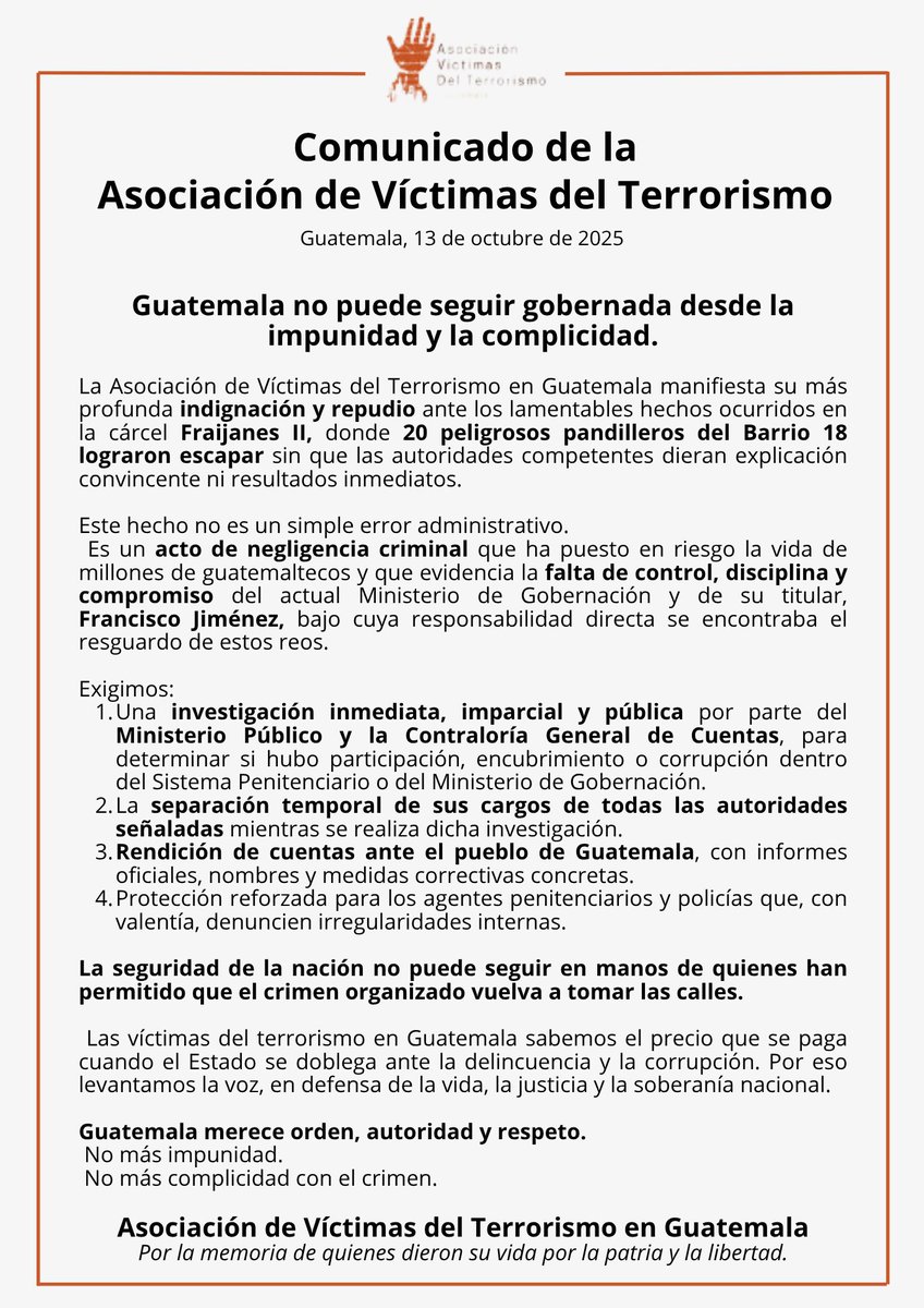 Veinte reos fugados, millones de guatemaltecos en peligro. El silencio del gobierno es complicidad.  #ArevaloDestrulle #SemillaCorrupcion