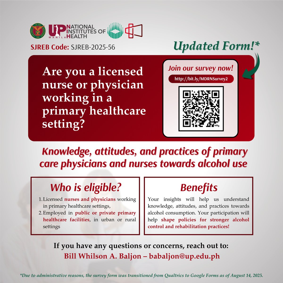 UPManilaOnline's tweet image. Are you a licensed #nurse or #physician working in a #primaryhealthcare setting? Take part in this survey to shape alcohol control and rehabilitation practices!

Answer the survey through this link or the QR code in the image below: bit.ly/MDRNSurvey2

This survey will ask