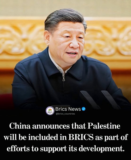 Xi Jinping with gray hair and glasses speaks into a microphone while seated in a formal setting with a golden ornate background and BRICS logo visible. He wears a dark blue suit jacket over a white shirt. The text overlay reads China announces that Palestine will be included in BRICS as part of efforts to support its development. BRICS News watermark appears at the bottom.