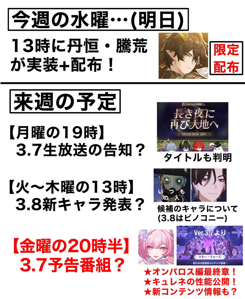 code26710's tweet image. 【スタレの今週・来週の予定】

丹恒・騰荒も楽しみですが、
来週は新キャラ発表に予告番組…！
ガチャは計画的にッ！！！
#崩壊スターレイル