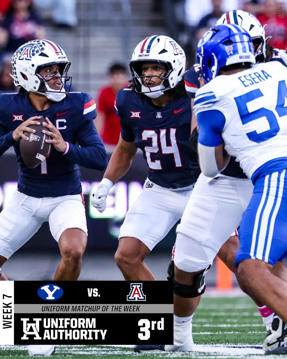 UniAuthority's tweet photo. #UniAuthority Week 7 Uniform Matchups of the Week: 
3. @BYUfootball / @ArizonaFBall
2. @OU_Football / @TexasFootball  
1. @UMichFootball / @uscfb  

#UAWeek7 https://t.co/Zk309peQXR