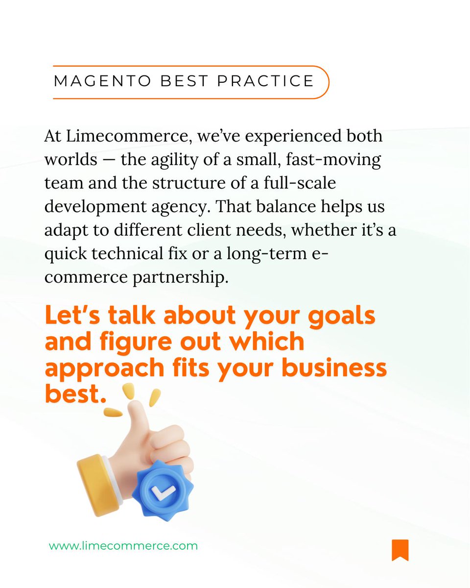 Limecommercecom's tweet image. What do you value more in a dev partner, flexibility or structure?
#Magento #MagentoDeveloper #Ecommerce #AdobeCommerce #ShopifyPartner #Limecommerce