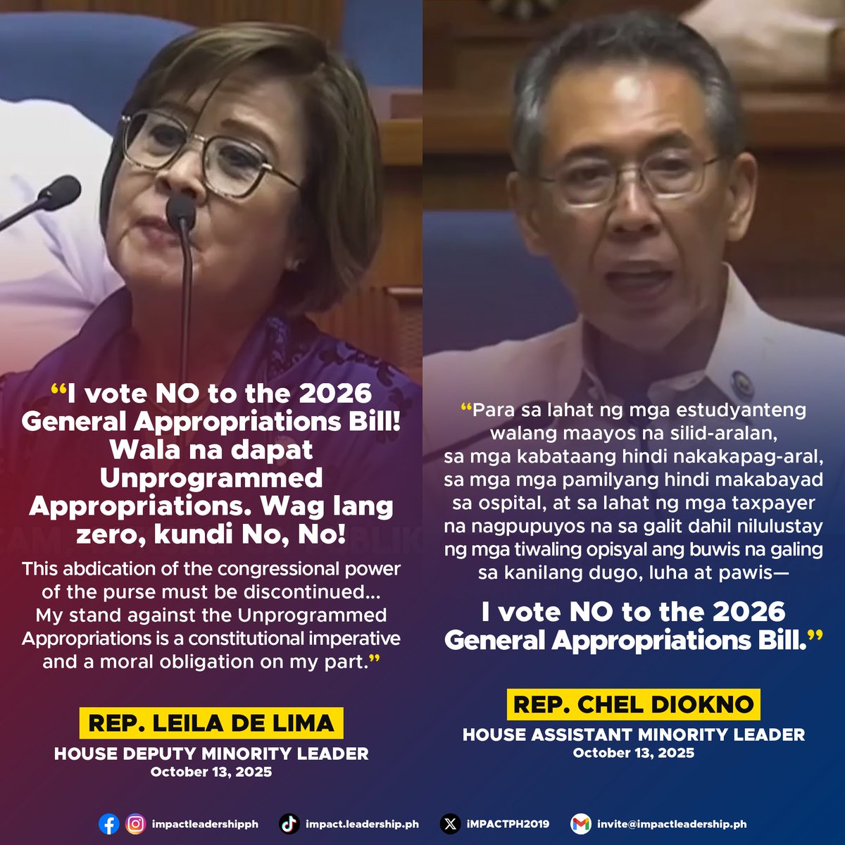 LEILA, CHEL VOTE 'NO' TO 2026 BUDGET, CITE LACK OF ACCOUNTABILITY AND SOCIAL PRIORITIES

House Deputy Minority Leader and ML Partylist Rep. Leila de Lima and House Assistant Minority Leader and Akbayan Partylist Rep. Chel Diokno both voted NO to the proposed ₱6.793-trillion 2026