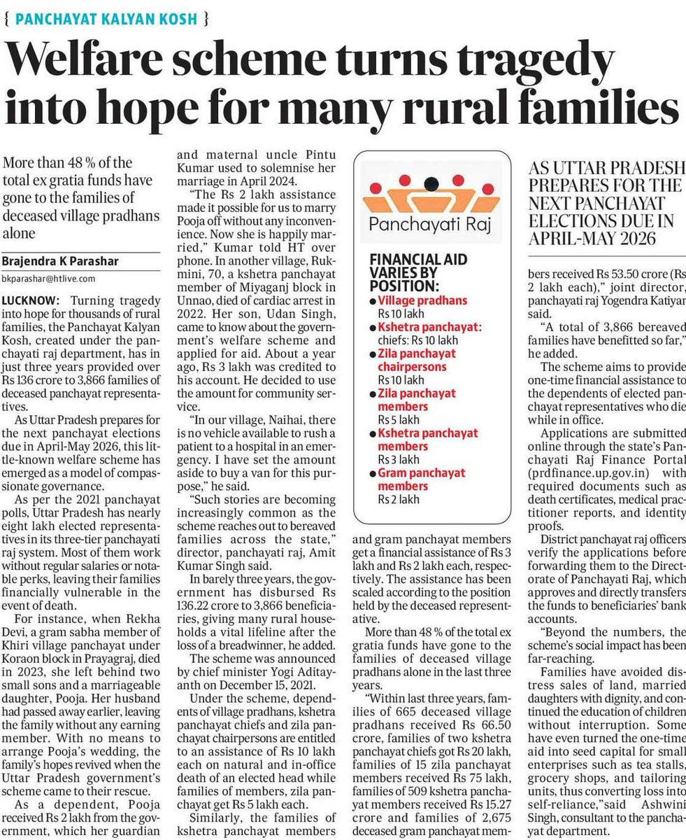 In barely three years, the government has disbursed Rs 136.22 crore to 3,866 bereaved families of panchayat representatives who died, giving many rural households a vital lifeline after the loss of a breadwinner.