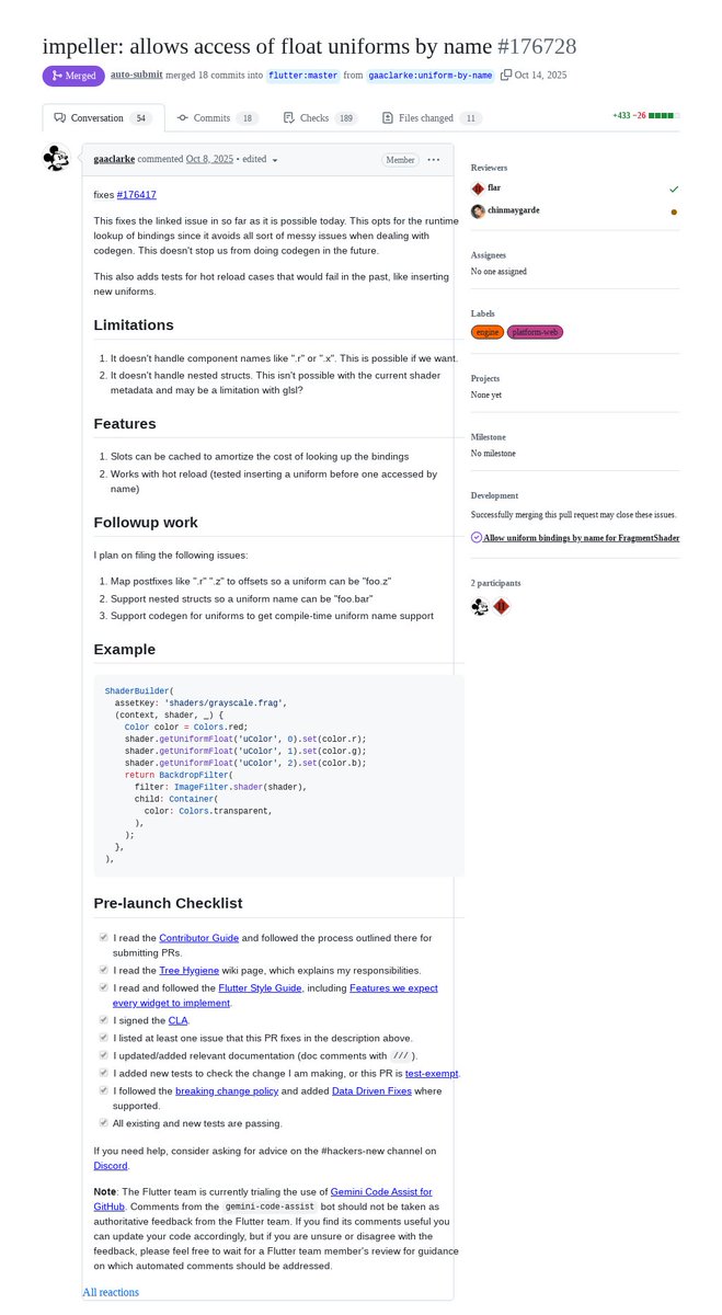 FlutterMerge's tweet image. "impeller: allows access of float uniforms by name" by gaaclarke was merged into #Flutter master github.com/flutter/flutte…