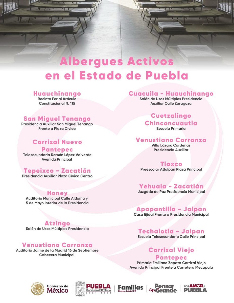 🤲 Refugio para quien lo necesita

Los albergues en la Sierra Norte están abiertos para brindar techo, alimento y acompañamiento a las familias afectadas. Aquí nadie está solo.

#PensarEnGrande #PorAmorAPuebla