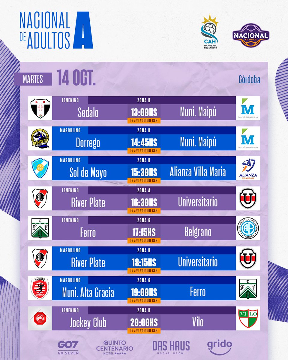 🔜 ¡Se viene la segunda jornada del Nacional “A”! 

💻 Recordá que todos los encuentros se podrán seguir en vivo por el canal de YouTube de la CAH.

📍 La acción continuará en el Polideportivo de Alta Gracia y en el IPEF.
