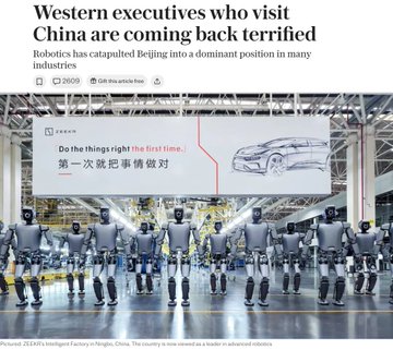 First image shows a newspaper article headline about Western executives terrified by Chinas robotic advancements with a photo of numerous gray industrial robots standing in rows inside a brightly lit factory hall next to a large billboard in Chinese and English for ZEISS intelligent factory in Ningbo. Second image displays a bar chart titled China leads the way in automation showing stacked bars for total industrial robots added per year from 2016 to 2024 with China in blue dominating the heights compared to smaller bars for Germany Italy France UK and US in other colors sourced from International Federation of Robotics.