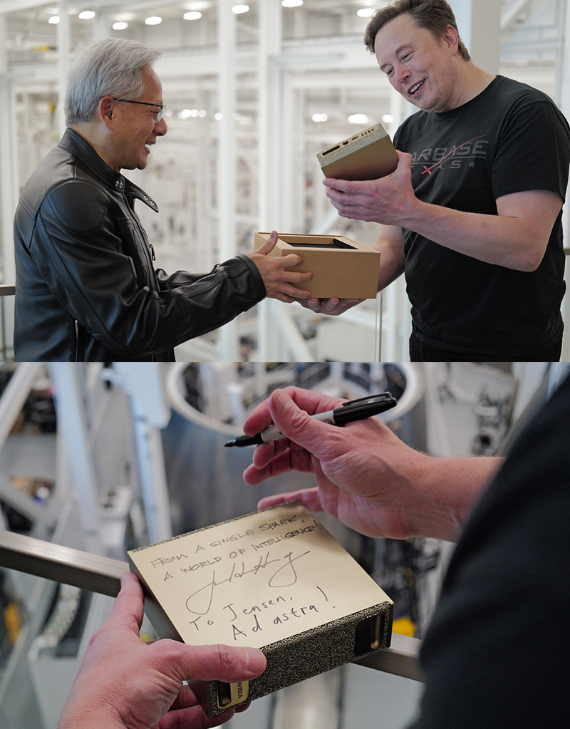 cb_doge's tweet image. BREAKING: NVIDIA CEO Jensen Huang hand-delivered the world’s smallest AI supercomputer to Elon Musk.
