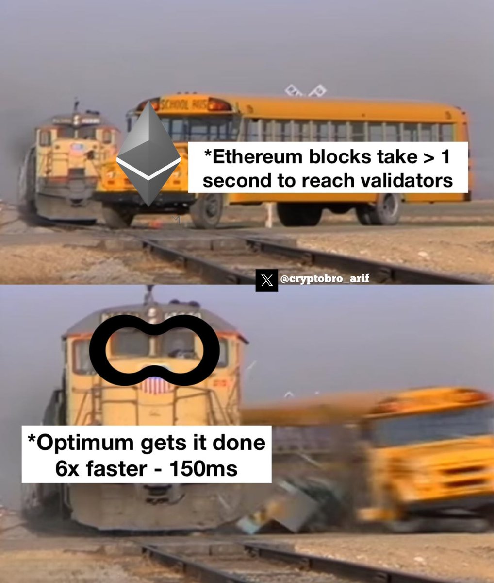 cryptobro_arif's tweet photo. Ethereum be like: Hold on, validating…Optimum: Done already.💨 https://t.co/P2b2jYj2LB