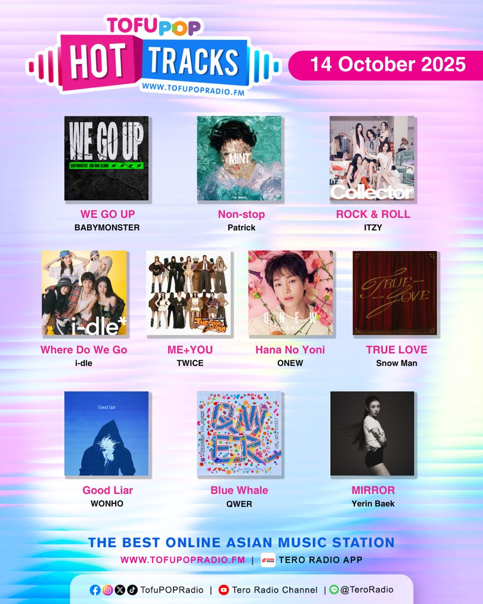 🥳 #TofuPOPHotTracks แนะนำเพลงเอเชี่ยนสุดฮอตประจำสัปดาห์ จัดเต็ม 10 เพลงมาแรง!
🔥 WE GO UP #BABYMONSTER
🔥 Non-stop #Patrick尹浩宇
🔥 ROCK &amp; ROLL #ITZY
🔥 Where Do We Go #idle
🔥 ME+YOU #TWICE
🔥 Hana no Yoni #ONEW
🔥 TRUE LOVE #SnowMan
🔥 Good Liar #WONHO
🔥 Blue Whale #QWER
🔥