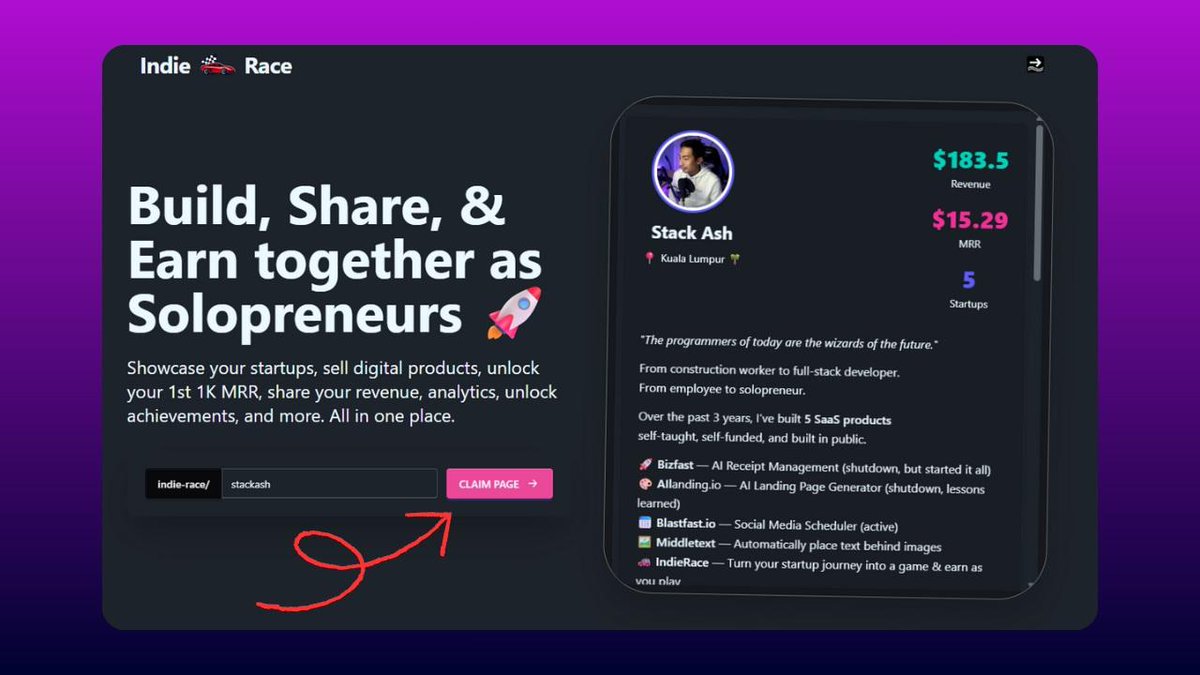 stackashx's tweet image. Indie Race is launched 🚀 
Join the race to your first $1K MRR 🏁🏎️
I built Indie Race because building solo can feel lonely.
Indie Race helps solopreneurs track rev, share & sell products, unlock badges, and more.
Claim your page name now before it’s taken!