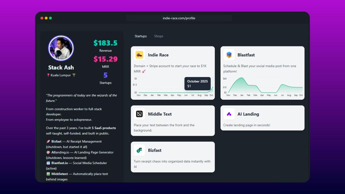stackashx's tweet image. Indie Race is launched 🚀 
Join the race to your first $1K MRR 🏁🏎️
I built Indie Race because building solo can feel lonely.
Indie Race helps solopreneurs track rev, share & sell products, unlock badges, and more.
Claim your page name now before it’s taken!