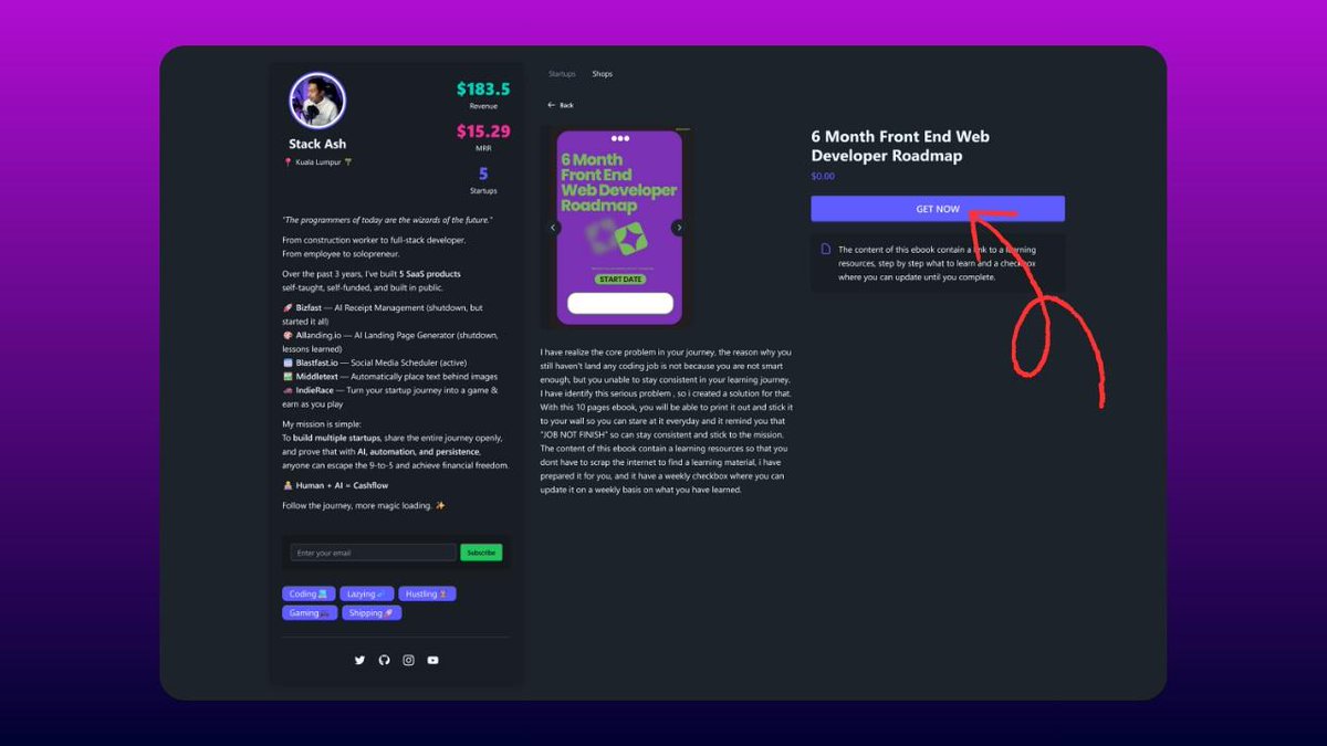 stackashx's tweet image. Indie Race is launched 🚀 
Join the race to your first $1K MRR 🏁🏎️
I built Indie Race because building solo can feel lonely.
Indie Race helps solopreneurs track rev, share & sell products, unlock badges, and more.
Claim your page name now before it’s taken!