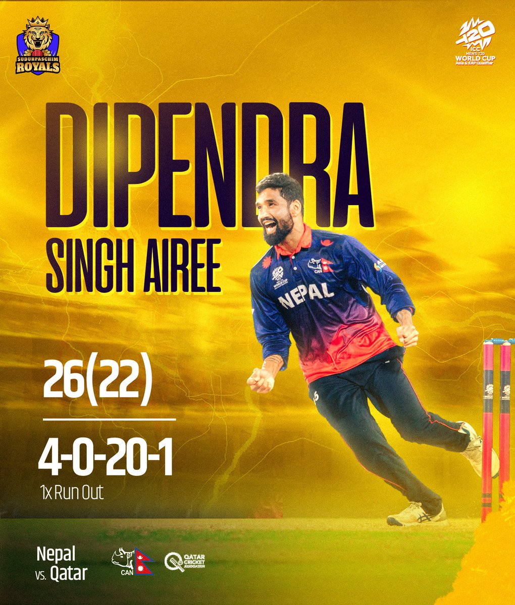 Suparoyals's tweet image. Dipendra Singh Airee putting on a show, yet again🎬🔥

#T20WorldCup #Qualifiers #SudurpaschimRoyals #Suparoyals #SBLNPL2