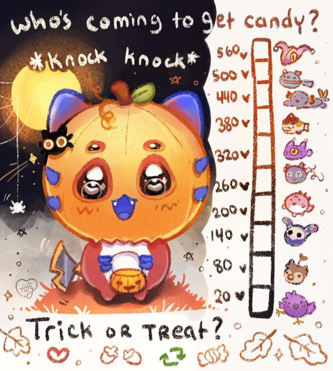 「Trick or Treat ~ give me something good to eat:3」 
what kinda candy are u giving em?🍬🍭
 Each goal we reach will be a different mascot in a festive outfit:D&lt;3 🧙‍♀️🧹🪄🎃👻🎅🪄
. 
.
#CrimzonMuze #イラスト