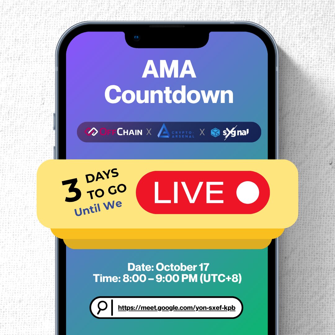 Crypto-Arsenal (@cryptoarsena1) on Twitter photo ⏳ 3 days to go!
Join the <a href="/offchainglobal/">OffChain Global</a>  AMA: Copy Trading Launch 🚀
📅 Oct 17 | 8–9 PM (UTC+8)
🎥 meet.google.com/yon-sxef-kpb
⚡ Insights from OffChain × Crypto-Arsenal × Sygnal
🎁 Win exclusive $25 gift codes! 💸
👉 Be part of this launch, transforming the way we trade. ⏳ 3 days to go!
Join the <a href="/offchainglobal/">OffChain Global</a>  AMA: Copy Trading Launch 🚀
📅 Oct 17 | 8–9 PM (UTC+8)
🎥 meet.google.com/yon-sxef-kpb
⚡ Insights from OffChain × Crypto-Arsenal × Sygnal
🎁 Win exclusive $25 gift codes! 💸
👉 Be part of this launch, transforming the way we trade.
