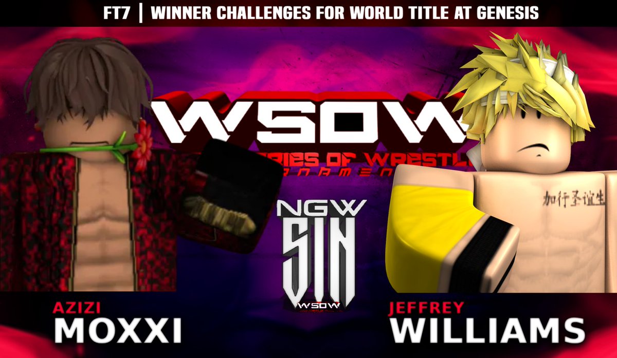 NGWRoblox's tweet image. ᴺᴳᵂ SIN | "The anchor" @RoJeff_Williams has been undefeated across all of his matches, but must now go face-to-face with a dominant newcomer in @_NightmareRhode. Who will go on to challenge for the @NGWRoblox World title at Genesis? (current champ: @JustDewIt10)