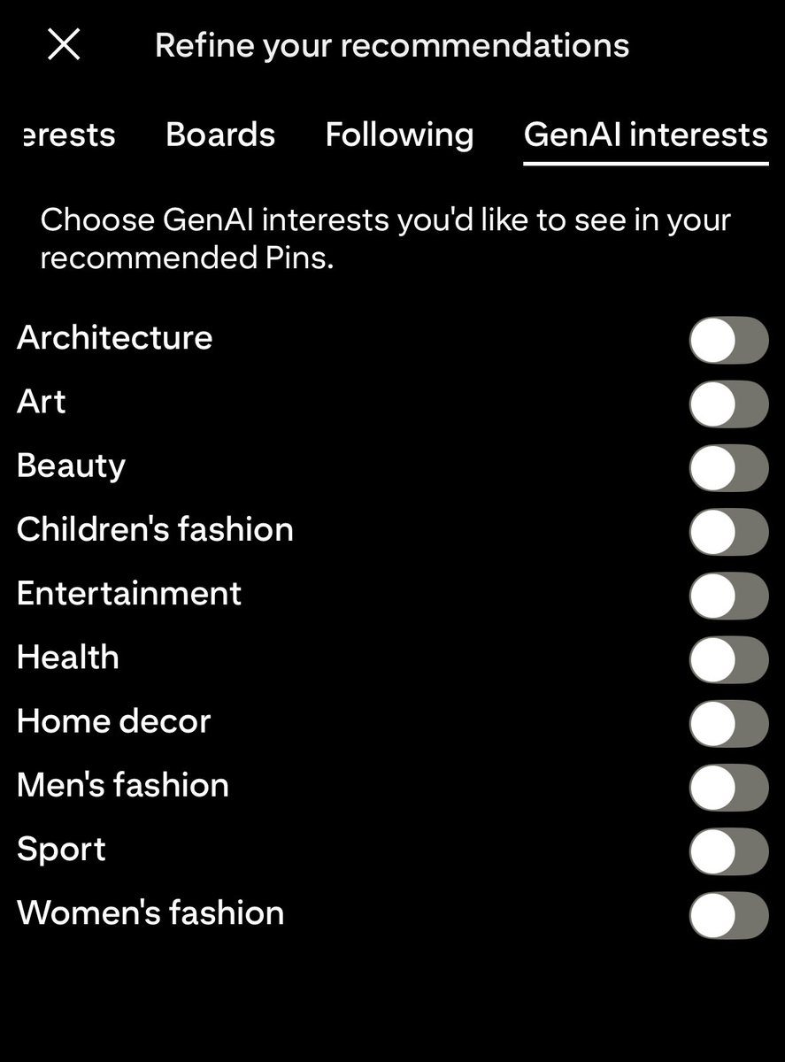 FRaccoona's tweet image. Did you know you can now filter gen AI pics from your Pinterest recommendations? Ironically I knew it from AI summary on twt, but hey thank you I guess
