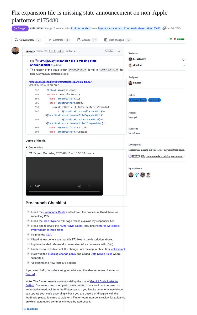 FlutterMerge's tweet image. "Fix expansion tile is missing state announcement on non-Apple platforms" by Huy was merged into #Flutter master github.com/flutter/flutte…