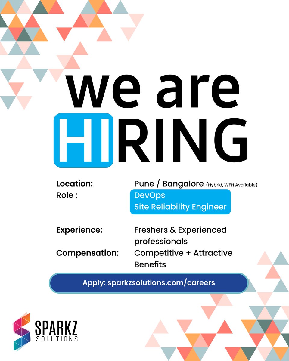 SparkzSolutions's tweet image. 🚀 We&apos;re Hiring Site Reliability Engineers (SRE) &amp;amp; DevOps at Sparkz Solutions! 🚀

📩 Apply Now: sparkzsolutions.com/careers

#DevOpsJobs #SRE #CloudEngineering #PuneJobs #NowHiring #AWS #Kubernetes #Hiring #HiringNow