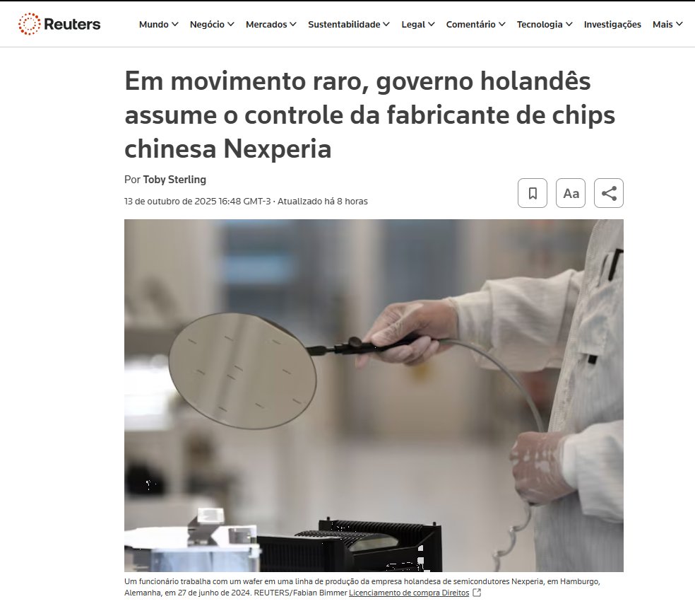 #hollywood #NATO Começou o movimento! Ocidente que representa o "baluarte da democracia e do livre comércio" está tomando empresas estrangeiras. "A Wingtech chamou a intervenção do governo holandês na Nexperia, que já fez parte do grupo holandês de eletrônicos Philips, de