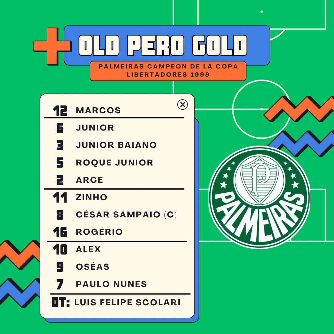 Con este XI salió a jugar Palmeiras la ida de la final de la Copa Libertadores 1999 ante Deportivo Cali

La ida la ganó Deportivo Cali 1-0

La revancha quedo 2-1 a favor del Verdao

En los penales Palmeiras ganó 4-3 llevándose así el trofeo a casa por primera vez