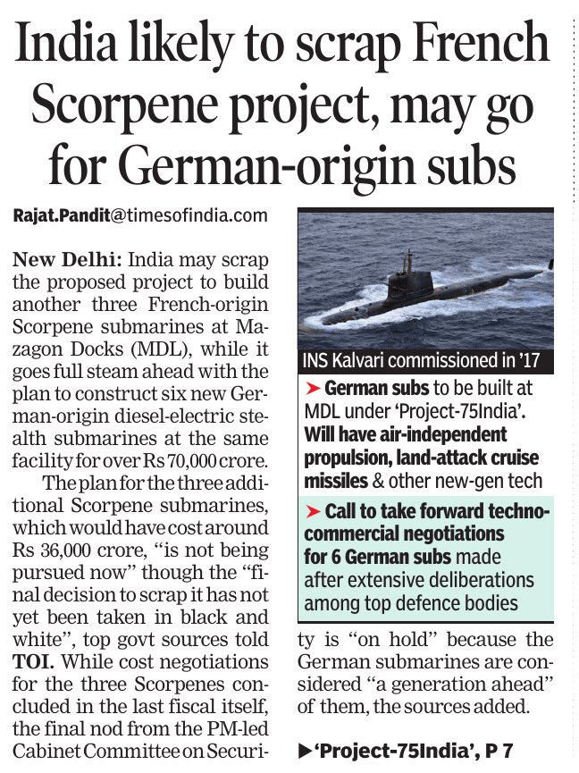 IamRajat_Pandit's tweet photo. The German submarines to be constructed at #MDL under #Project75India, in partnership with #TKMS, will have AIP, land-attack cruise missiles & other new-gen techs.
Will have design TOT, greater indigenisation & serve as bridge to #Project76
Truncated Print Version👇🏼 https://t.co/8M1uSPbD5B